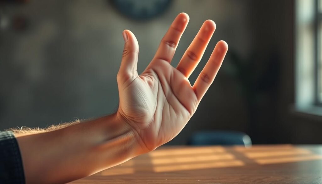 A high-quality close-up photograph of a person's hand using an ASAP (As Soon As Possible) gesture, with the hand and arm filling the frame against a blurred, out-of-focus background. The hand is positioned on a flat surface, with the index finger and thumb forming a circle, representing the concept of urgency and immediacy. The lighting is soft and directional, creating warm highlights and subtle shadows that accentuate the texture and form of the hand. The image has a sense of calm and focus, conveying the effectiveness and impact of using the ASAP approach.