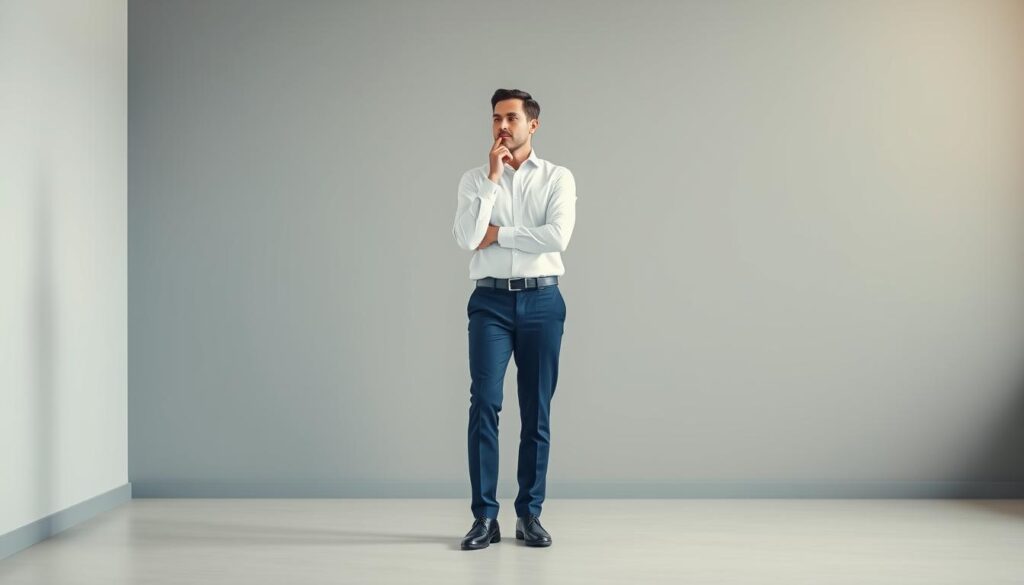 A professional business person in a thoughtful pose, standing in a modern, minimalist office setting. They are dressed in a crisp white button-up shirt, navy blue trousers, and polished black leather shoes. The lighting is soft and even, with a polarized filter creating a slight contrast and depth. The background is a clean, neutral gray wall, drawing the focus to the subject. The overall mood is one of contemplation and attention to detail, reflecting the importance of avoiding mistakes when dealing with a formal warning (Abmahnung) in a professional context.