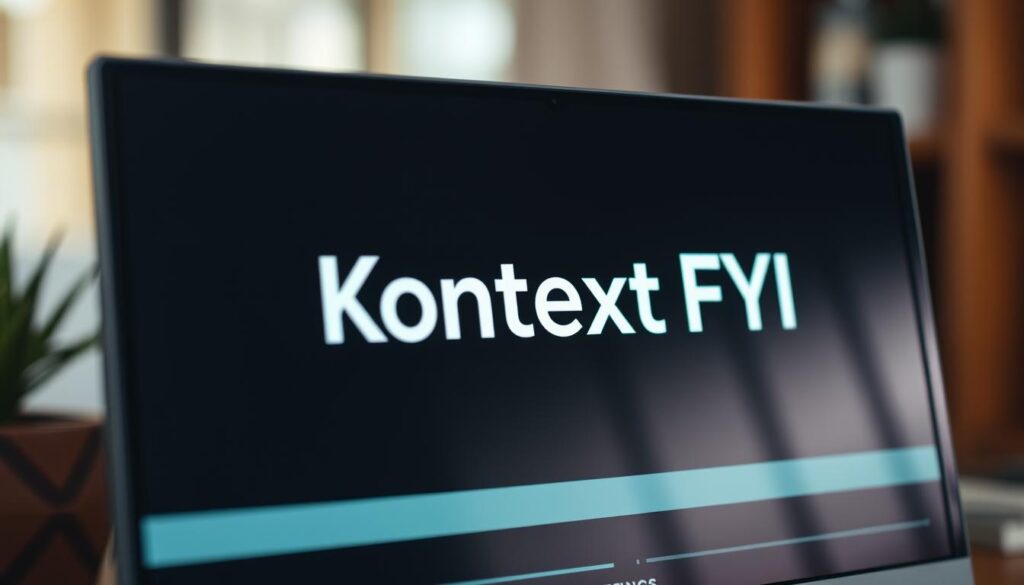 A professional, focused closeup of "Kontext FYI" displayed on a modern business computer screen, shot on a Sony A7R IV with a 70mm lens. The screen is sharply defined, with a polarized filter emphasizing the glossy, high-contrast interface. The background is softly blurred, drawing the viewer's attention to the central text. The lighting is balanced, with a subtle warm tone evoking a professional, authoritative atmosphere. The overall composition is clean and minimalist, highlighting the core subject matter.