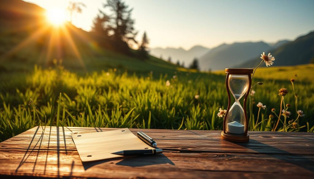 A serene alpine meadow in the late afternoon, the sun casting a warm glow over the lush green grasses and wildflowers. In the foreground, a wooden desk with a single sheet of paper, a pen, and a small hourglass, symbolizing the final step of the Alps method - Nachkontrolle, the review. The middle ground features a distant mountain range, its peaks capped with snow, reflecting the tranquility and clarity of the process. The image is captured with a Sony A7R IV camera, the 70mm lens providing a focused, sharply defined perspective, enhanced by a polarized filter to accentuate the vivid colors and textures.