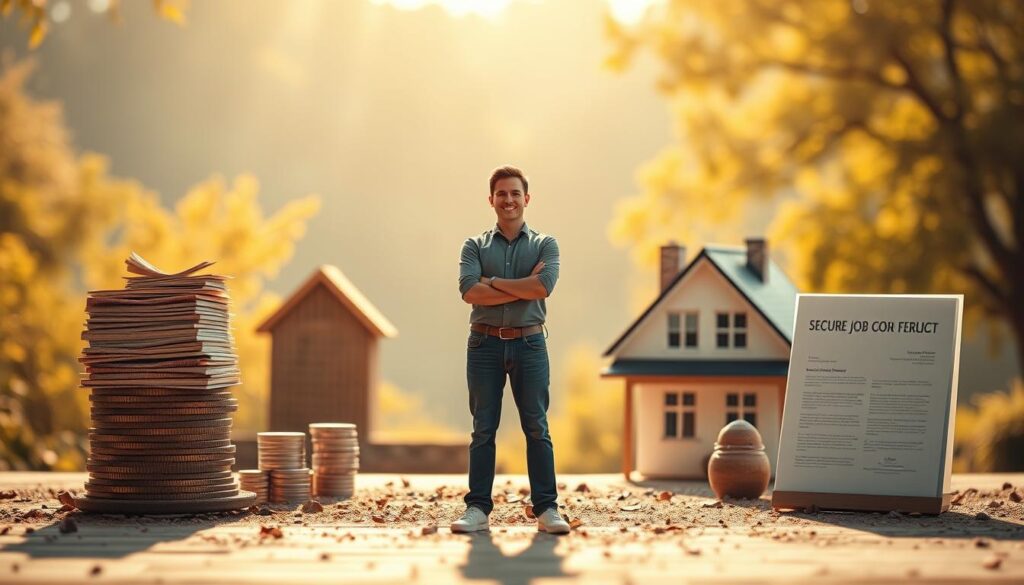A serene and secure financial landscape, a person standing confidently amidst a harmonious backdrop, surrounded by symbols of financial stability - a stack of savings, a stable home, and a secure job contract, all illuminated by warm, natural lighting, captured with a Sony A7R IV 70mm lens, using a polarized filter to enhance the clarity and depth of the scene, creating a sense of calm and reassurance in the face of potential job loss.